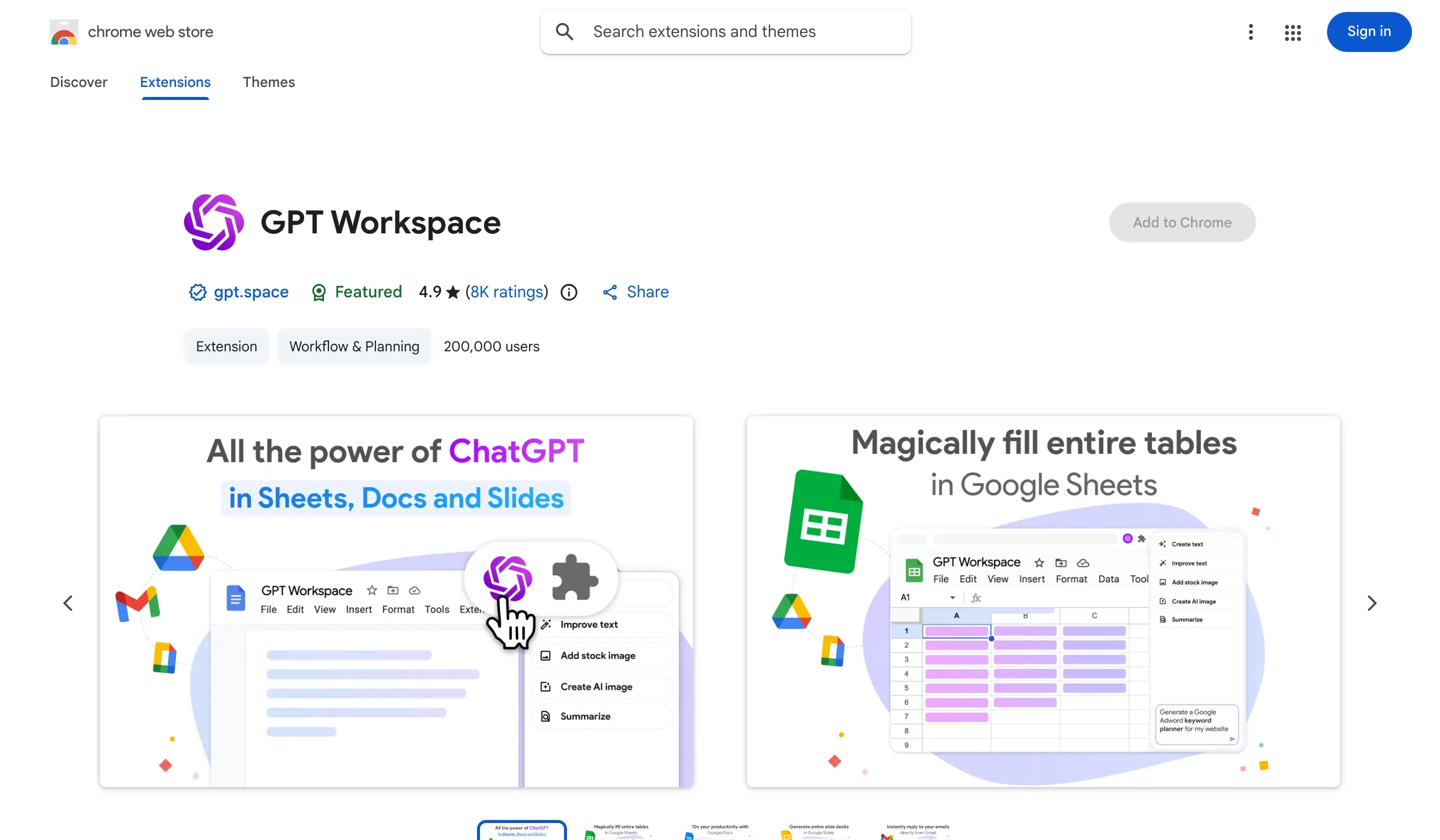 GPT Workspace Chrome extension page in the Chrome Web Store showing 4.9 star rating, 8K+ ratings, and 200,000+ users