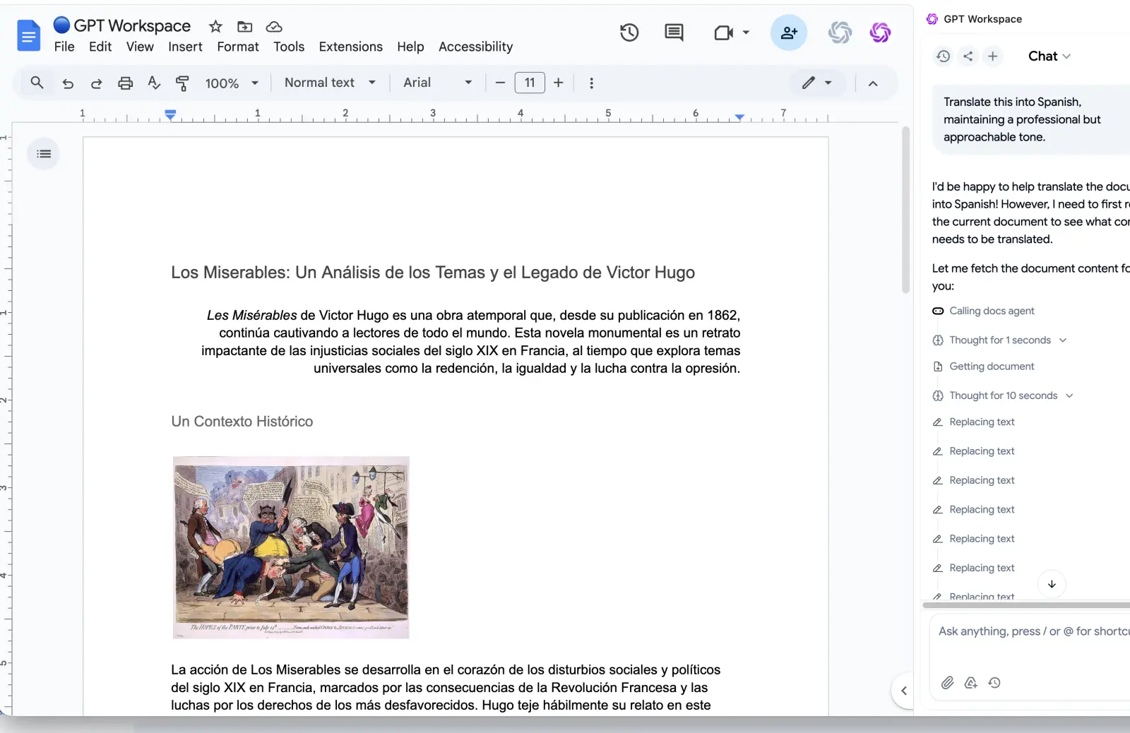 GPT Workspace sidebar in Google Docs, a prompt-driven alternative to the Gemini agent