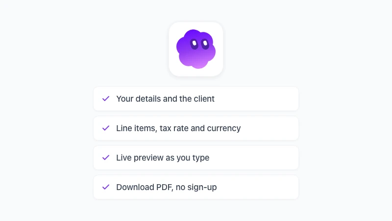 Free invoice generator steps: details, client, line items, tax, preview and PDF download