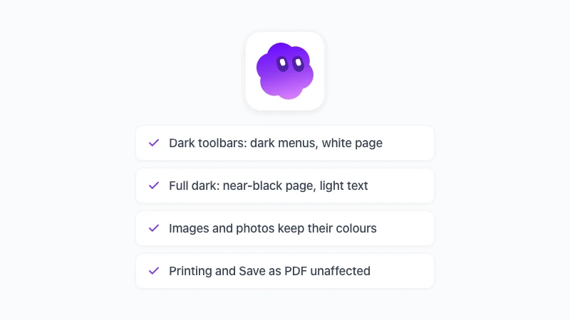 The two Google Docs dark mode options in GPT Workspace: Dark toolbars and Full dark, with images and printing unaffected