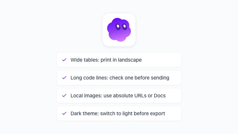 Common Markdown to PDF problems and fixes: wide tables, long code lines, local images, dark themes